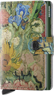 A mini wallet with an artistic floral design featuring a green border and a slot for cards.