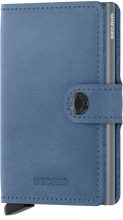 Load image into Gallery viewer, Angled front view of the ice blue mini wallet. It features a button closing strap. 
