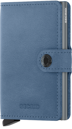 Angled front view of the ice blue mini wallet. It features a button closing strap. 