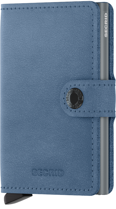 Angled front view of the ice blue mini wallet. It features a button closing strap. 