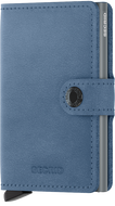 Angled front view of the ice blue mini wallet. It features a button closing strap. 