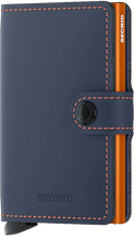 Load image into Gallery viewer, Angled front panel view of the blue and orange mini wallet. 
