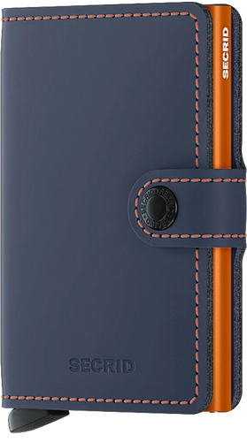 Angled front panel view of the blue and orange mini wallet. 