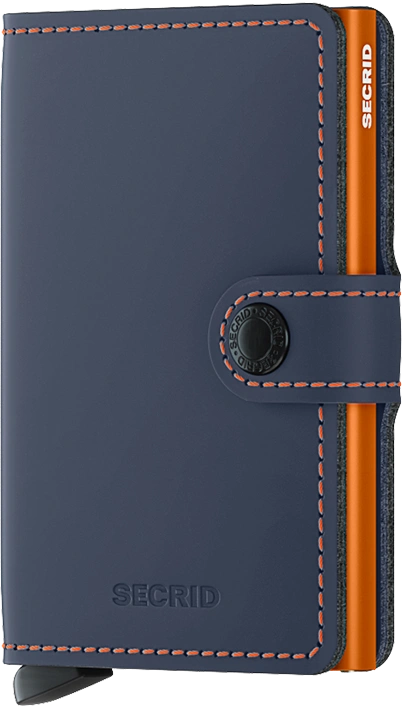 Angled front panel view of the blue and orange mini wallet. 