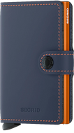 Angled front panel view of the blue and orange mini wallet. 