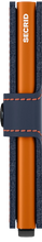 Load image into Gallery viewer, Side panel view of the blue with orange mini wallet. 
