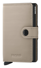 Load image into Gallery viewer, Angled front view of a light sand colored mini wallet. 
