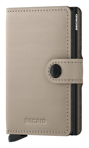Angled front view of a light sand colored mini wallet. 