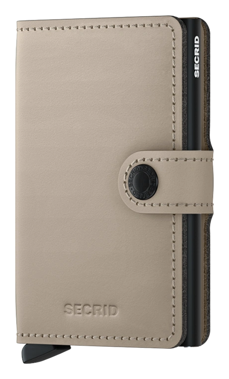 Angled front view of a light sand colored mini wallet. 