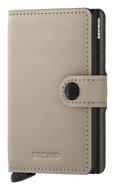 Angled front view of a light sand colored mini wallet. 