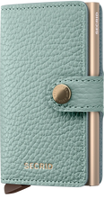 Load image into Gallery viewer, Angled front panel view of the sea green card case with a sand colored aluminum case inside. 
