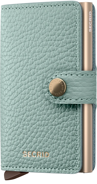 Angled front panel view of the sea green card case with a sand colored aluminum case inside. 