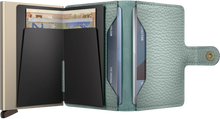 Load image into Gallery viewer, Interior view of the sea green mini wallet. 
