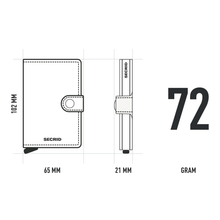 Load image into Gallery viewer, Measurement graphic with the dimensions of the mini wallet: 102 millimeters tall, 65 millimeters wide, 21 millimeters deep. Weights 72 grams.
