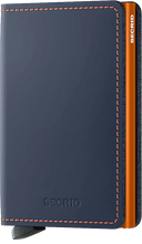 Load image into Gallery viewer, Angled front panel view of the matte blue and orange slim wallet. 
