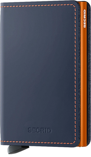 Angled front panel view of the matte blue and orange slim wallet. 