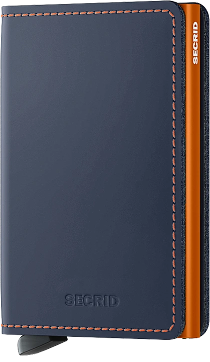 Angled front panel view of the matte blue and orange slim wallet. 