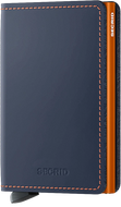 Angled front panel view of the matte blue and orange slim wallet. 