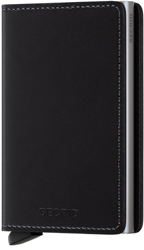 Angled front view of the black slim wallet. 