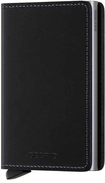 Angled front view of the black slim wallet. 