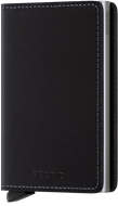 Angled front view of the black slim wallet. 