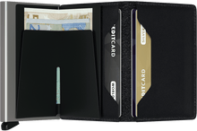 Load image into Gallery viewer, Interior view of the black slim wallet. The back of the aluminum card case features a money clip. 

