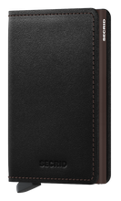 Load image into Gallery viewer, Angled front view of the black and brown slim wallet. 
