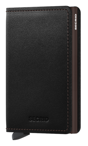 Angled front view of the black and brown slim wallet. 