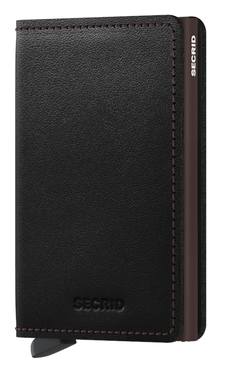 Angled front view of the black and brown slim wallet. 