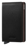 Angled front view of the black and brown slim wallet. 