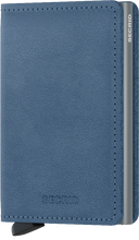 Load image into Gallery viewer, Angled front panel view of the ice blue slim wallet. 
