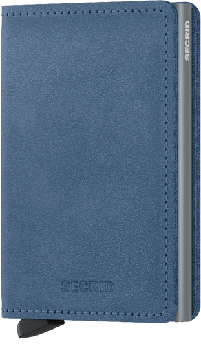 Angled front panel view of the ice blue slim wallet. 