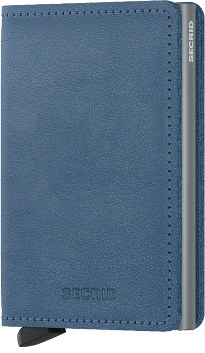 Angled front panel view of the ice blue slim wallet. 