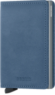 Angled front panel view of the ice blue slim wallet. 