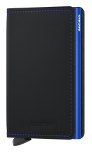Load image into Gallery viewer, Angled front view of the black and blue slim wallet. 
