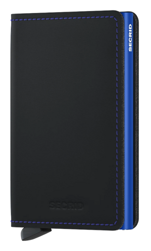 Angled front view of the black and blue slim wallet. 