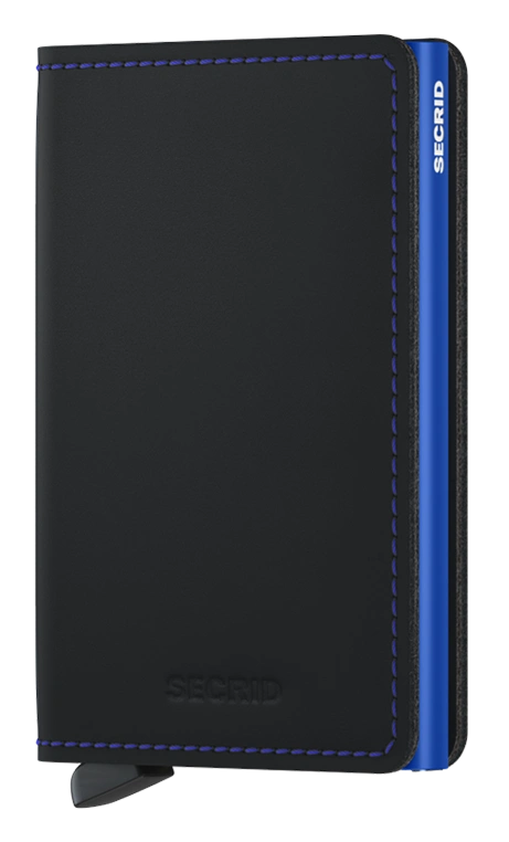 Angled front view of the black and blue slim wallet. 