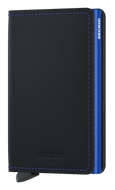 Angled front view of the black and blue slim wallet. 