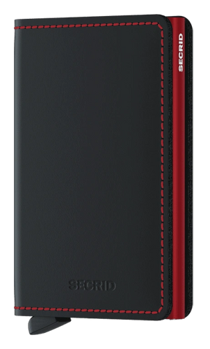 A slim matte black and red card wallet with the brand name 'secrid' visible on the side.