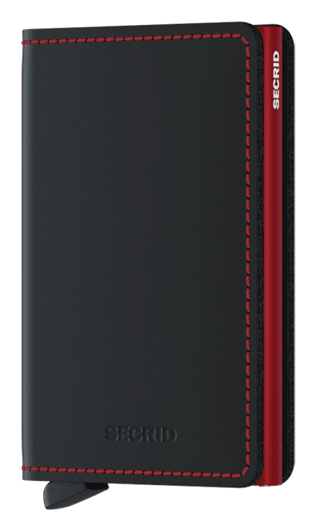 A slim matte black and red card wallet with the brand name 'secrid' visible on the side.
