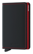 A slim matte black and red card wallet with the brand name 'secrid' visible on the side.