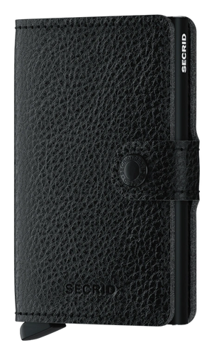 Angled front panel view of the black mini wallet
