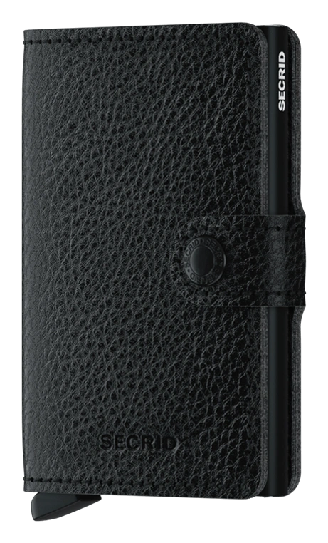 Angled front panel view of the black mini wallet