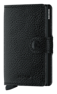 Angled front panel view of the black mini wallet