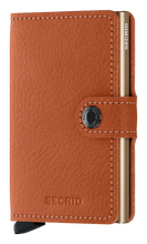Load image into Gallery viewer, Angled front panel view of the tan colored mini wallet. 
