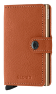 Angled front panel view of the tan colored mini wallet. 