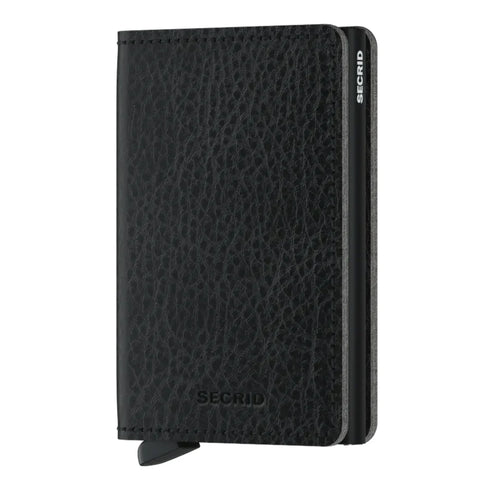 Angled front view of the black slim wallet. 