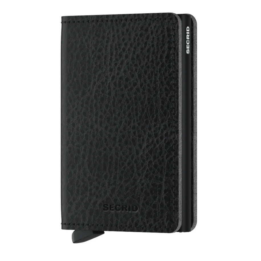 Angled front view of the black slim wallet. 