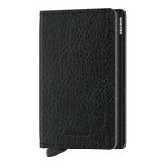 Angled front view of the black slim wallet. 