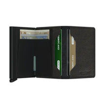 Load image into Gallery viewer, Interior view of the black slim wallet. The back of the aluminum card case features a money clip. 
